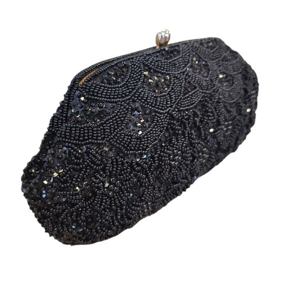 VTG 50s 60s Black Handmade Hong Kong Beaded Sequins Kiss Lock Clutch - Picture 8 of 16